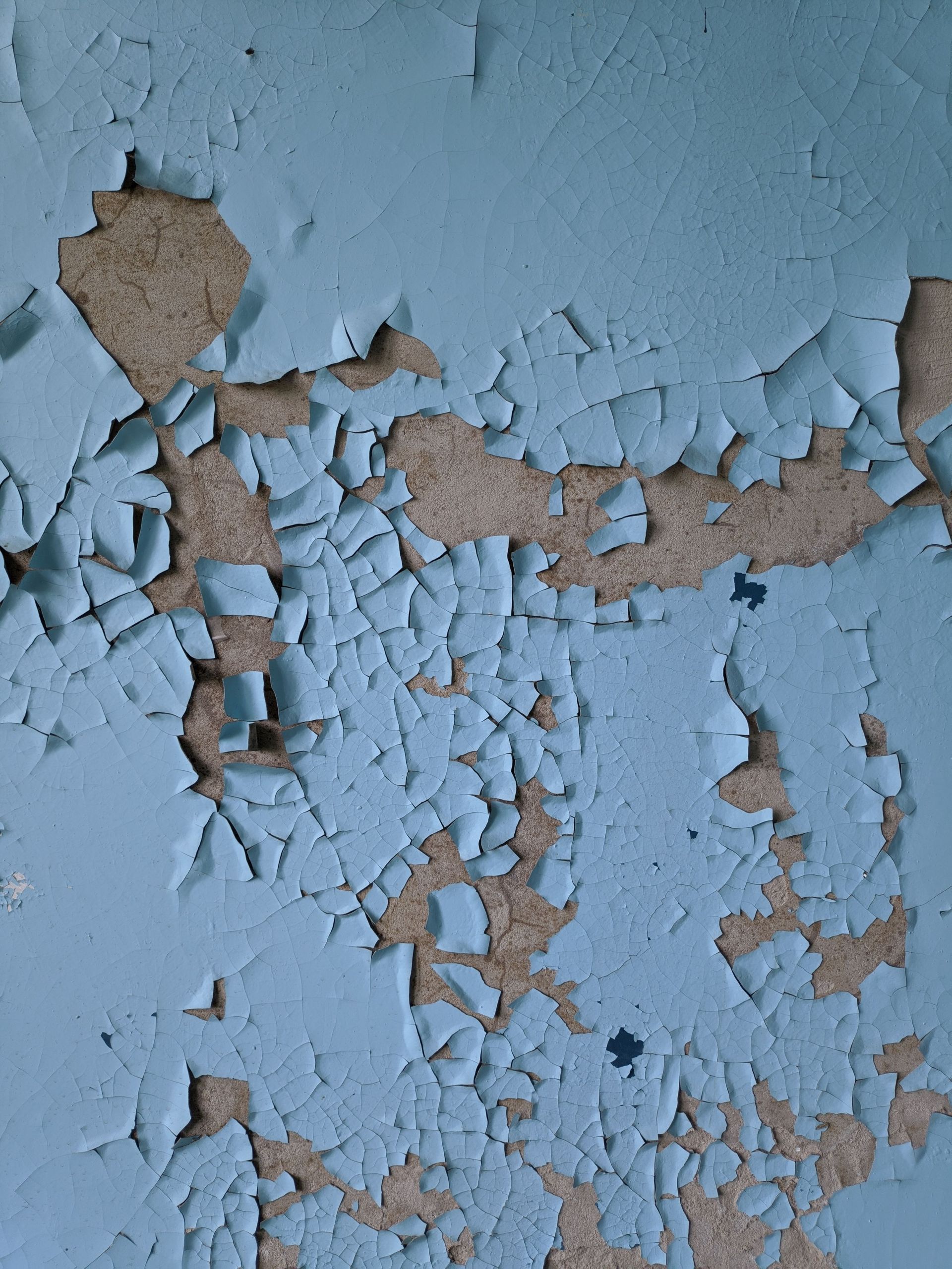 Close-up of a weathered wall with cracking and peeling blue paint, revealing rough texture beneath.